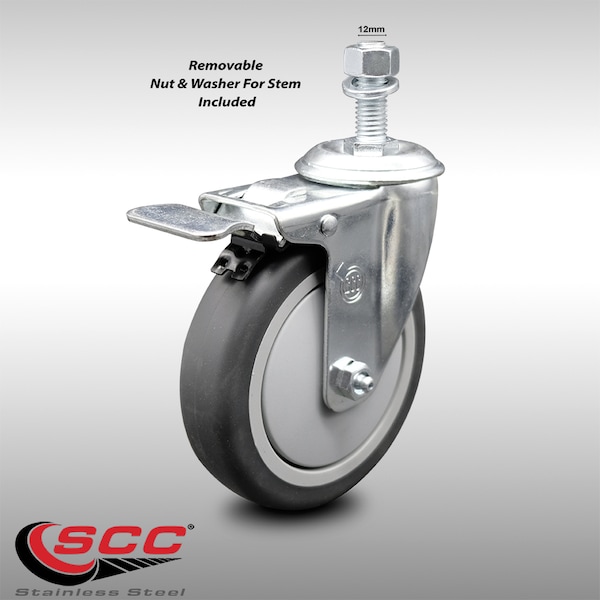 5 Inch SS Thermoplastic Rubber 12mm Threaded Stem Caster Total Lock Brake
